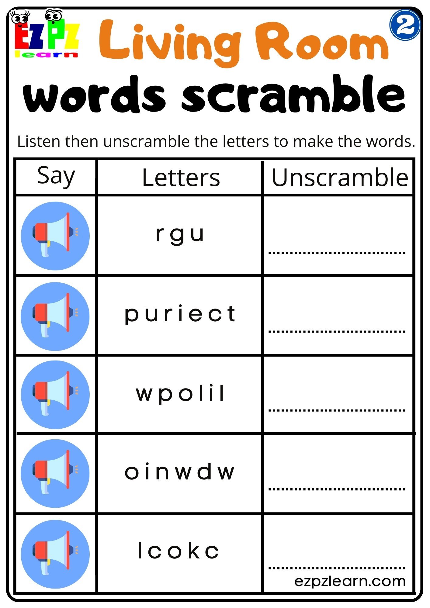 Living Room Vocabulary Interactive Worksheet Listen, Unscramble and